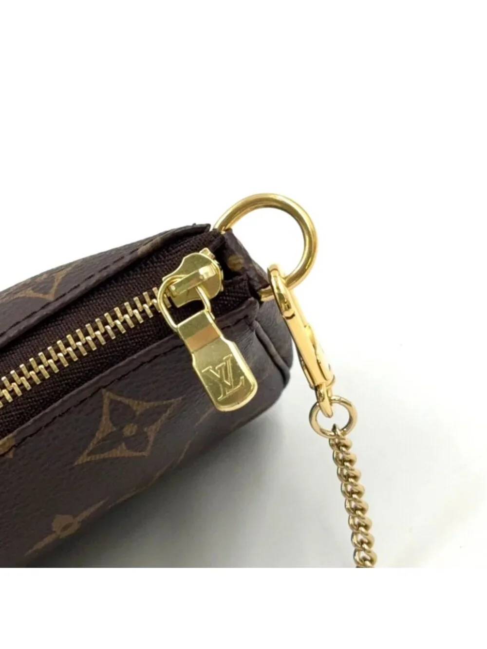 Louis Vuitton Mini Pochette Accessoires Monogram Leather Brown Handbag Gold